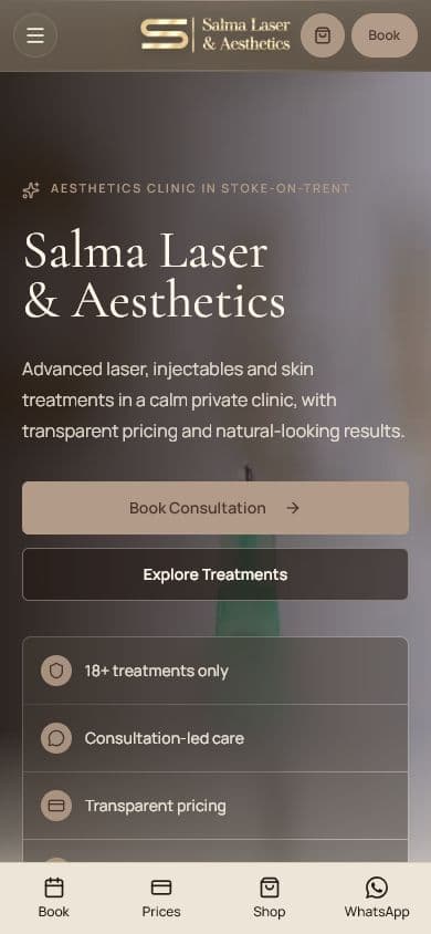 Salma Laser & Aesthetics homepage website screen